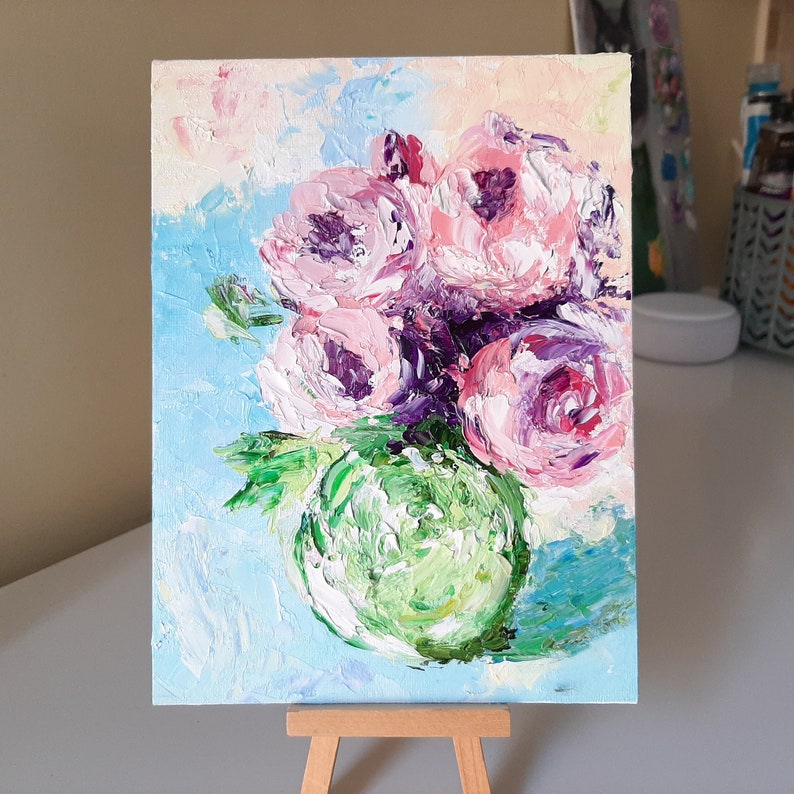 Peony painting Original artwork impasto painting Peony Bouquet Textured peony art Floral artwork flowers in vase small painting 8x10 canvas image 1