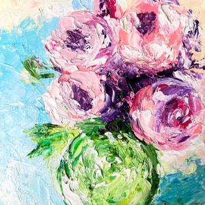 Peony painting Original artwork impasto painting Peony Bouquet Textured peony art Floral artwork flowers in vase small painting 8x10 canvas image 2