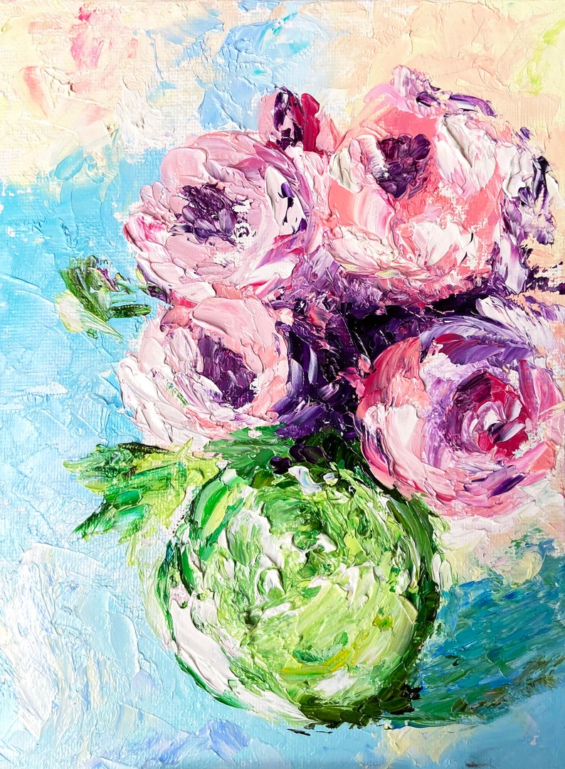 Peony painting Original artwork impasto painting Peony Bouquet Textured peony art Floral artwork flowers in vase small painting 8x10 canvas image 2