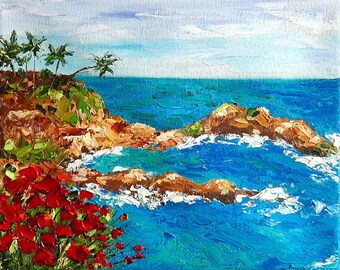 Hawaii painting seascape original art impasto oil painting palm tree coastal ocean nautical red poppy floral 8x10 small canvas by Irina Jouk