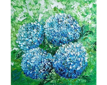 blue hydrangea painting flowers original art impasto oil painting abstract floral artwork small 10x10 canvas flower wall art by IrinaOilArt
