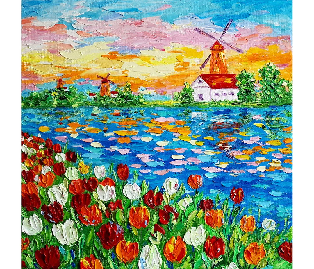 Tulips Painting Windmills Original Art Impasto Oil Painting 12x12 ...