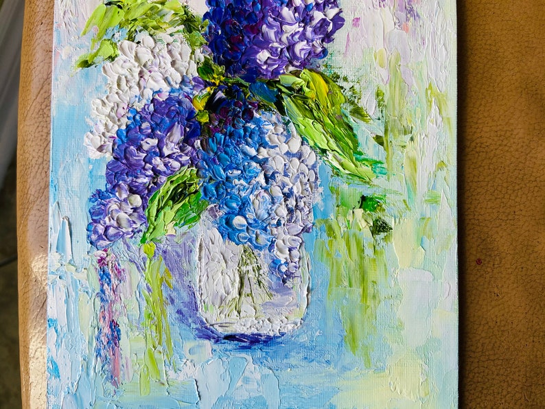 Lilac painting Original artwork impasto painting Lilac Bouquet Textured lilac art Floral artwork flowers in vase small painting 8x10 canvas image 6