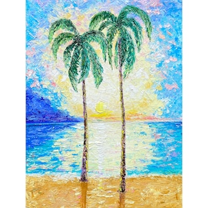 palm tree painting Florida original art impasto oil painting 16x12 canvas sunset seascape coastal artwork ocean beach wall by IrinaOilArt