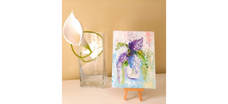 Lilac painting Original artwork impasto painting Lilac Bouquet Textured lilac art Floral artwork flowers in vase small painting 8x10 canvas image 1