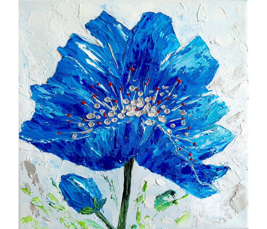 Himalayan Poppy Original Painting: Impasto Oil Floral Art, 8x8 Canvas ...