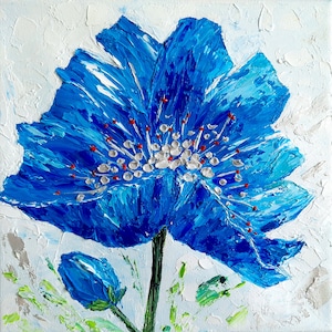 Himalayan poppy painting flowers original art impasto oil painting 8x8 canvas blue abstract wildflower artwork floral small by IrinaOilArt