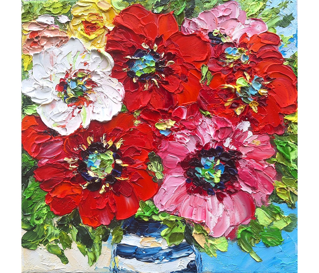 Poppy Painting Flowers Original Art Impasto Oil Painting 8x8 Canvas ...