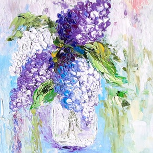 Lilac painting Original artwork impasto painting Lilac Bouquet Textured lilac art Floral artwork flowers in vase small painting 8x10 canvas image 2