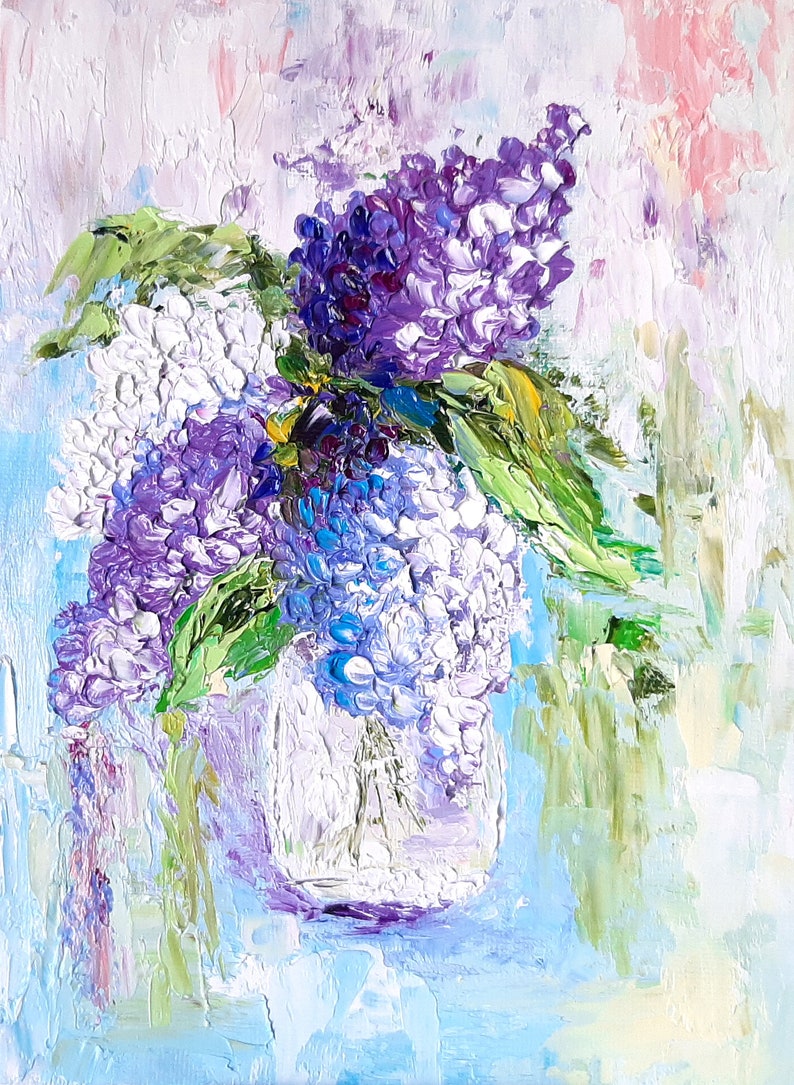 Lilac painting Original artwork impasto painting Lilac Bouquet Textured lilac art Floral artwork flowers in vase small painting 8x10 canvas image 2