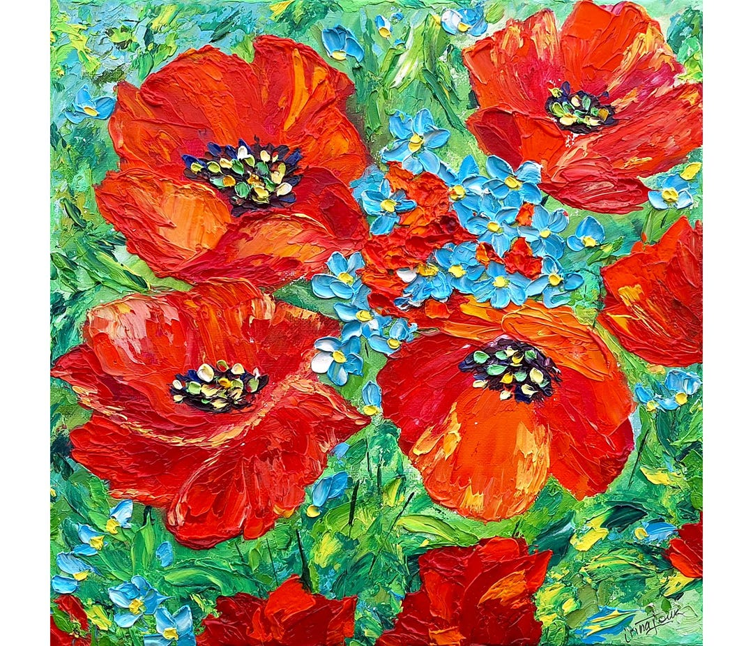 Poppy Painting Forget Me Not Original Art Impasto Oil Painting 12x12 ...