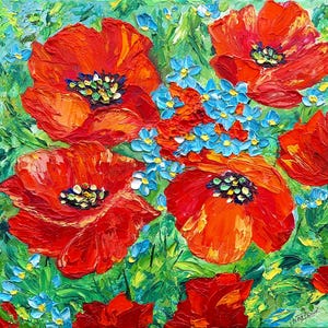 poppy painting forget me not original art impasto oil painting 12x12 canvas meadow flowers wildflowers floral artwork square by IrinaOilArt