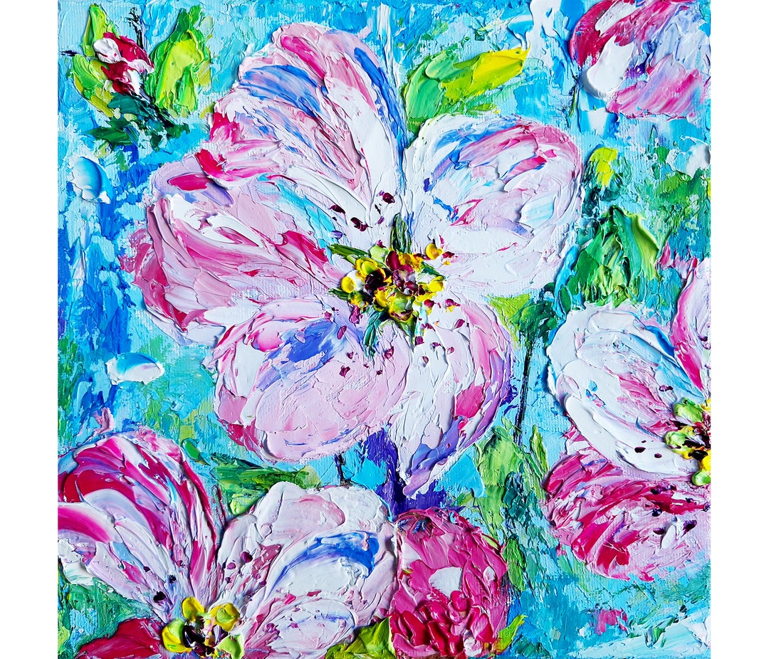 Cherry Blossom Original Painting Impasto Oil Canvas 8x8: Flower Pink ...