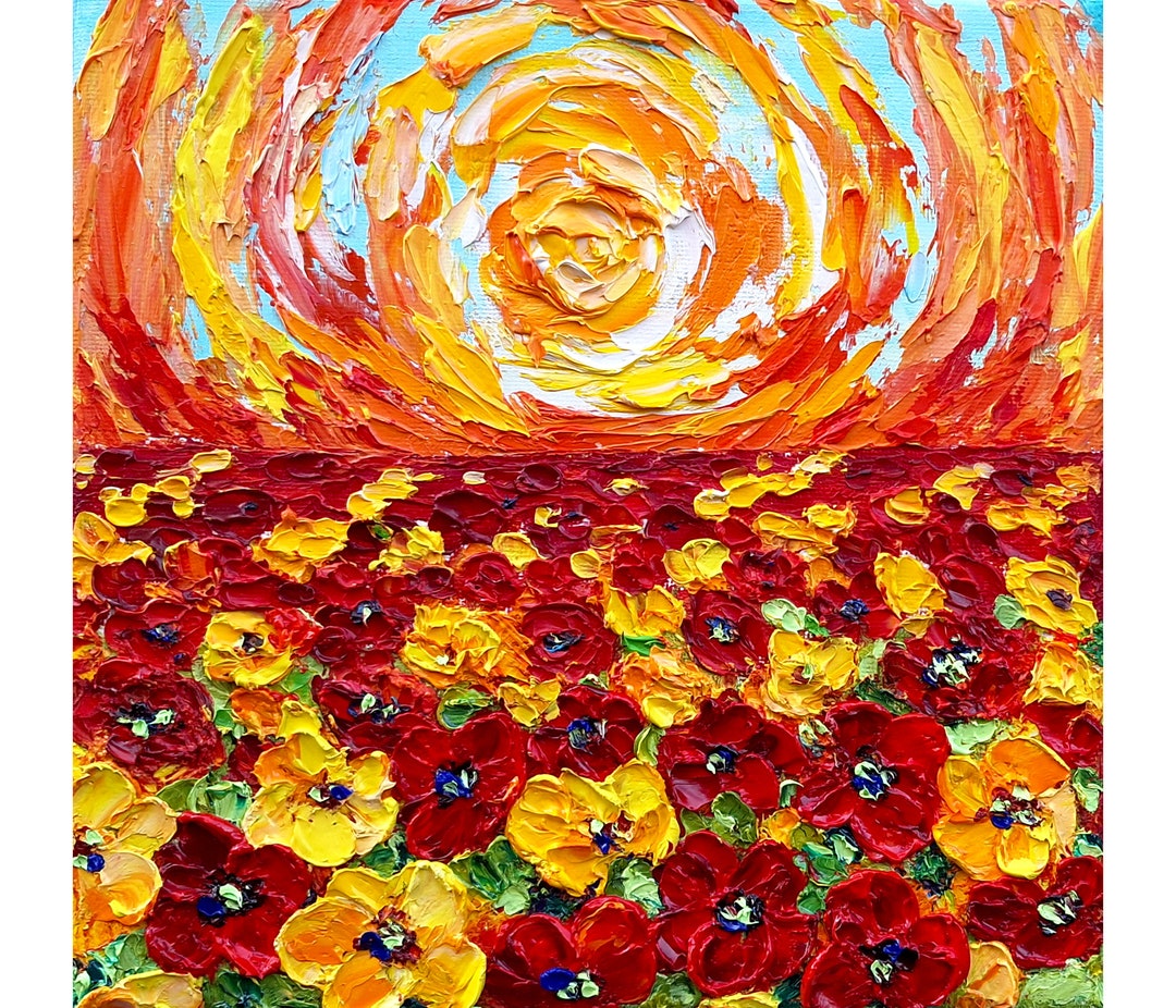 Poppy Original Oil Painting Sunset Impasto Art: 8x8 Canvas Small ...