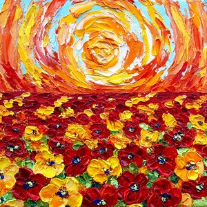 Poppy painting floral original art impasto oil painting 8x8 canvas sunset field flower landscape wildflower meadow small wall by IrinaOilArt