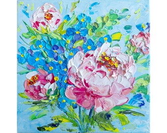 peony painting forget me not original art impasto oil painting garden flowers artwork pink peonies floral small canvas wall by IrinaOilArt