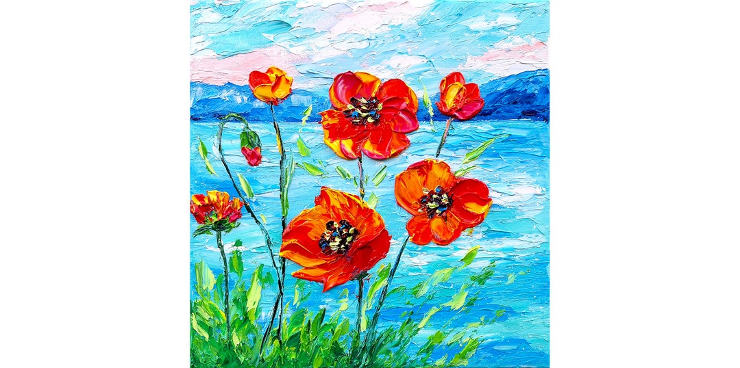 Red Poppy Painting Flowers Original Art Impasto Oil Painting Seascape ...