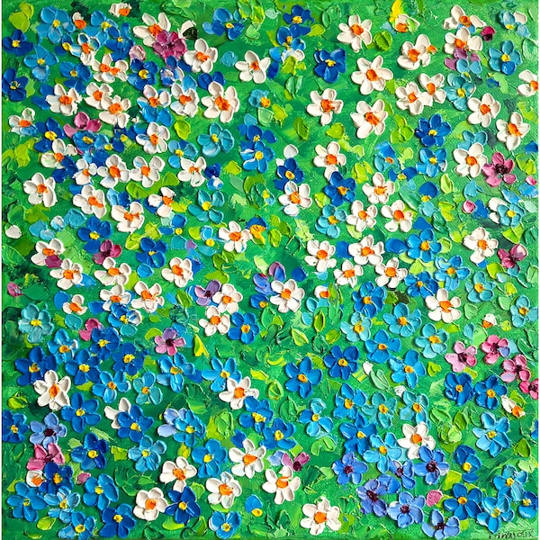 « peinture de marguerite myosotis art original peinture à l'huile empâtements 12 x 12 fleurs sauvages prairie fleurs oeuvre floral carré toile » par IrinaOilArt