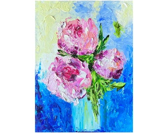 peony painting flowers original art impasto oil painting floral artwork bouquet peonies vase small canvas still life wall art by Irina Jouk