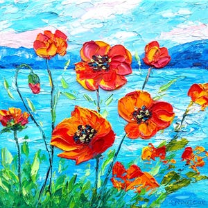 poppy painting flowers original art impasto oil painting 8x8 canvas seascape wildflower ocean California poppies floral small by IrinaOilArt
