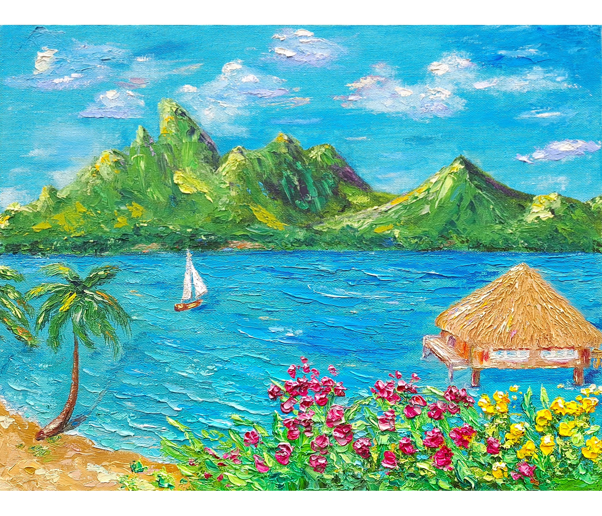 Bora Bora Impasto Oil Painting: Tahiti Seascape Canvas Art (14x18