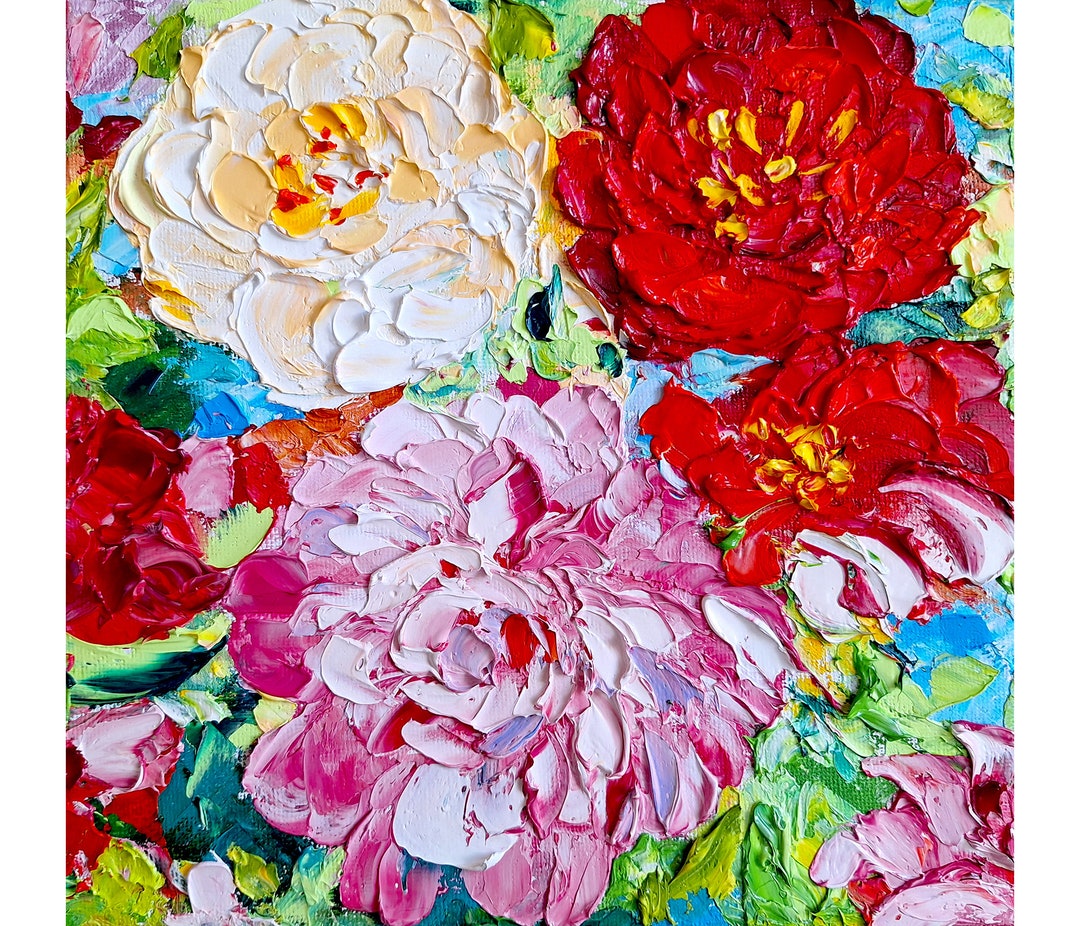 Peony Painting Flowers Original Art Impasto Oil Painting 8x8 Canvas ...