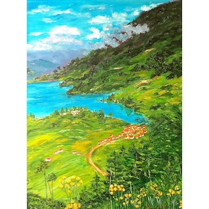 Switzerland painting lake original art impasto oil painting 16x12 canvas mountain landscape valley Swiss village artwork by IrinaOilArt