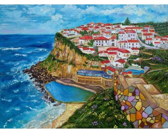Azenhas do Mar Portugal Original Painting: Impasto Oil Seascape, Coastal Cliff Village Art