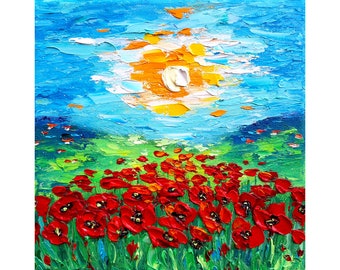 Poppy painting floral original art impasto oil painting sunset field flower landscape wildflower meadow small 8x8 canvas by IrinaOilArt