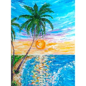 palm tree painting sunset original art Florida seascape impasto oil painting 16x12 canvas artwork ocean coastal beach by IrinaOilArt
