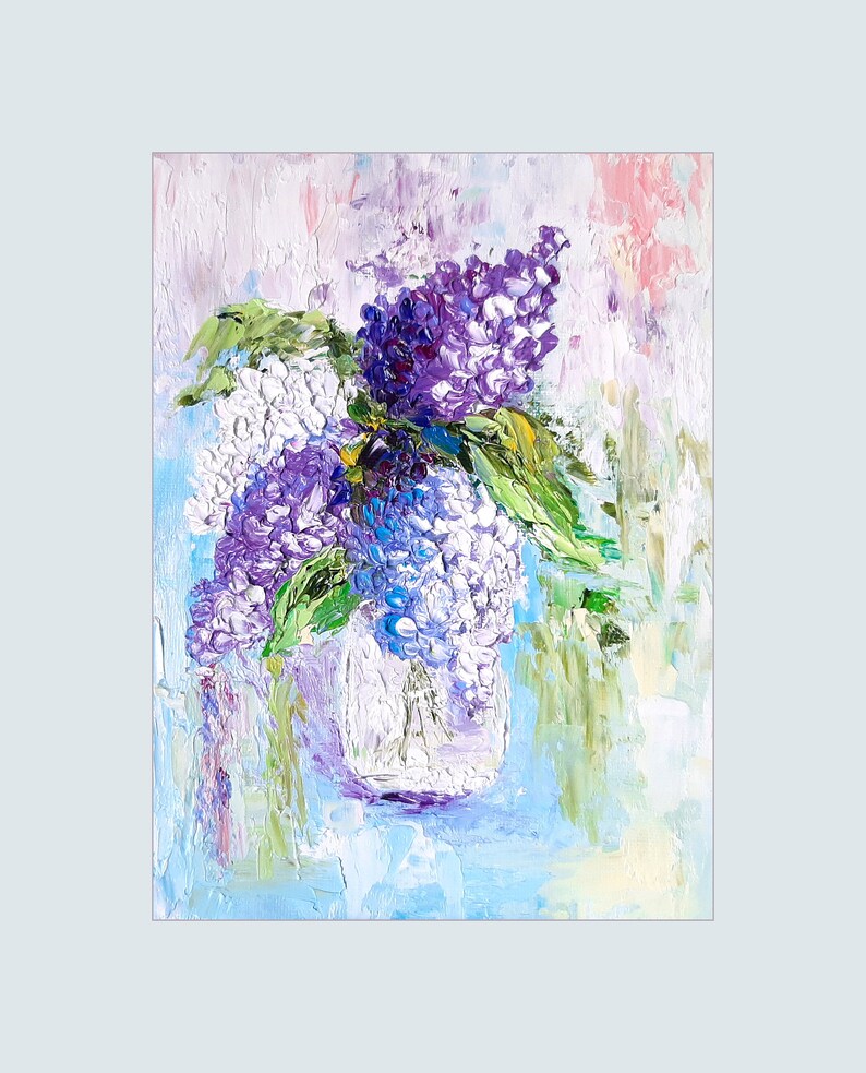 Lilac painting Original artwork impasto painting Lilac Bouquet Textured lilac art Floral artwork flowers in vase small painting 8x10 canvas image 4