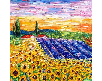 Lavender painting sunflower original art impasto oil painting Tuscany landscape sunset meadow square canvas farm rural field by IrinaOilArt