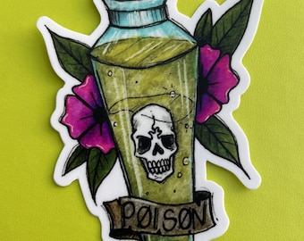 Sticker bouteille empoisonnée, tête de mort et fleurs