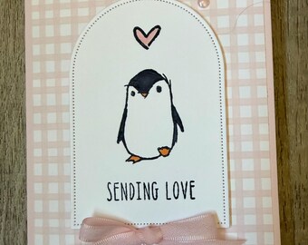 Sending Love Card - Penguin-  Pink Gingham- Stampin' Up! - Handmade- Blank