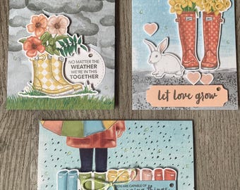 Spring Handmade Greeting Cards, Stampin' Up! Rainy Weather, Rain Boots - Set of 3