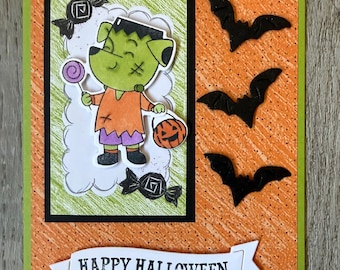 Halloween Card- "Frankenstein" Dog- Bats- Handmade Card- Greeting Card- Blank Card
