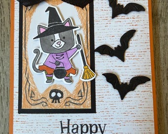 Halloween Card- "Witch" Kitty Cat- Bats- Handmade Card- Greeting Card- Blank Card