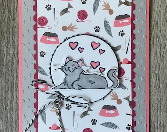 Stampin’ Up! Friendship Card- Kitty with Hearts- Pampered Pets- Greeting Card- Blank Card