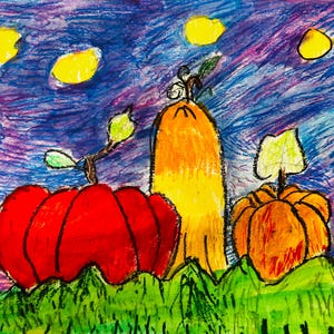 May include: A colorful crayon drawing of pumpkins in a field under a night sky. The pumpkins are red, orange, and yellow, with green leaves and stems. The sky is blue and purple with yellow orbs.