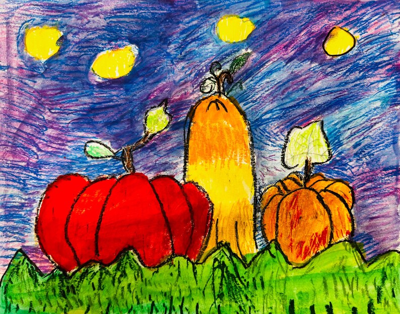 May include: A colorful crayon drawing of pumpkins in a field under a night sky. The pumpkins are red, orange, and yellow, with green leaves and stems. The sky is blue and purple with yellow orbs.