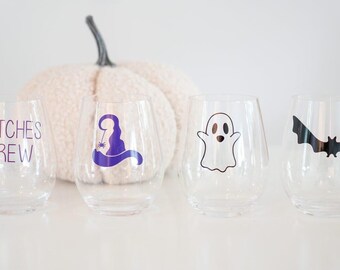 Halloween Stemless Wine Glasses - Spooky Ghost, Bat, Witch Designs - Set of 4