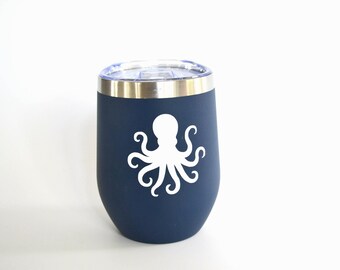 Navy Octopus Stainless Steel Tumbler | 12 oz Insulated Wine Cup | Coastal Drinkware | Nautical Gift | Octopus Gift for Ocean Lover
