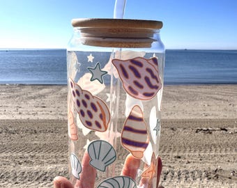 Seashell Glass Tumbler with Bamboo Lid and Straw | 16 oz Beer Can Glass | Coastal Beach Gift | Shell Design | Iced Coffee Cup