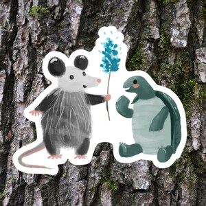 May include: A gray opossum holding a blue flower, smiling at a green turtle with a shell.