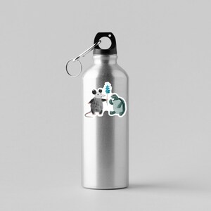 May include: A silver water bottle with a black lid and a sticker of a possum giving a flower to a turtle.