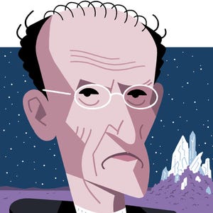 May include: A stylised digital illustration of a balding person with thin hair, wearing round glasses, a white mock-neck shirt, and a black blazer. The person holds a blue pen against a background featuring a purple landscape and crystal structures.