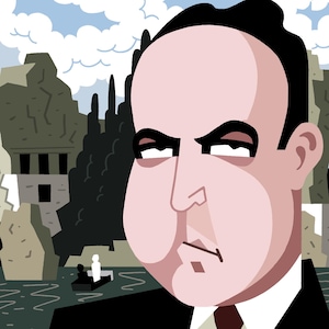 May include: Illustration of a man reading a book titled "Jane Eyre." The man is wearing a black suit, white shirt, and red tie. The background features a landscape with water, cliffs, and a light blue sky. The artist's signature is in the bottom right corner.