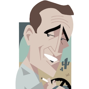 May include: A cartoon illustration of a man with brown hair, wearing a light blue shirt, holding a cigarette in his right hand and gripping a steering wheel with his left hand. The background is a desert scene with two small cacti.