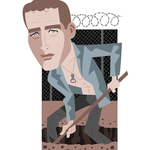 May include: A cartoon illustration of a man with brown hair and a blue shirt digging a hole with a wooden stick. He is standing in front of a black fence with barbed wire on top. The man has a necklace with a bottle opener pendant.