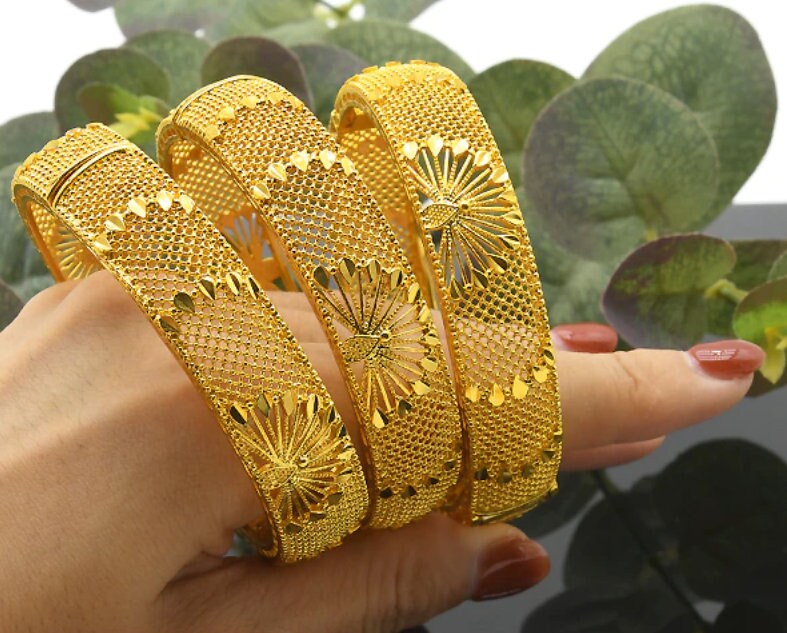 4pc/set 24K Real Gold Plated Dubai Wide Bangles Bracelet Cuff Etsy